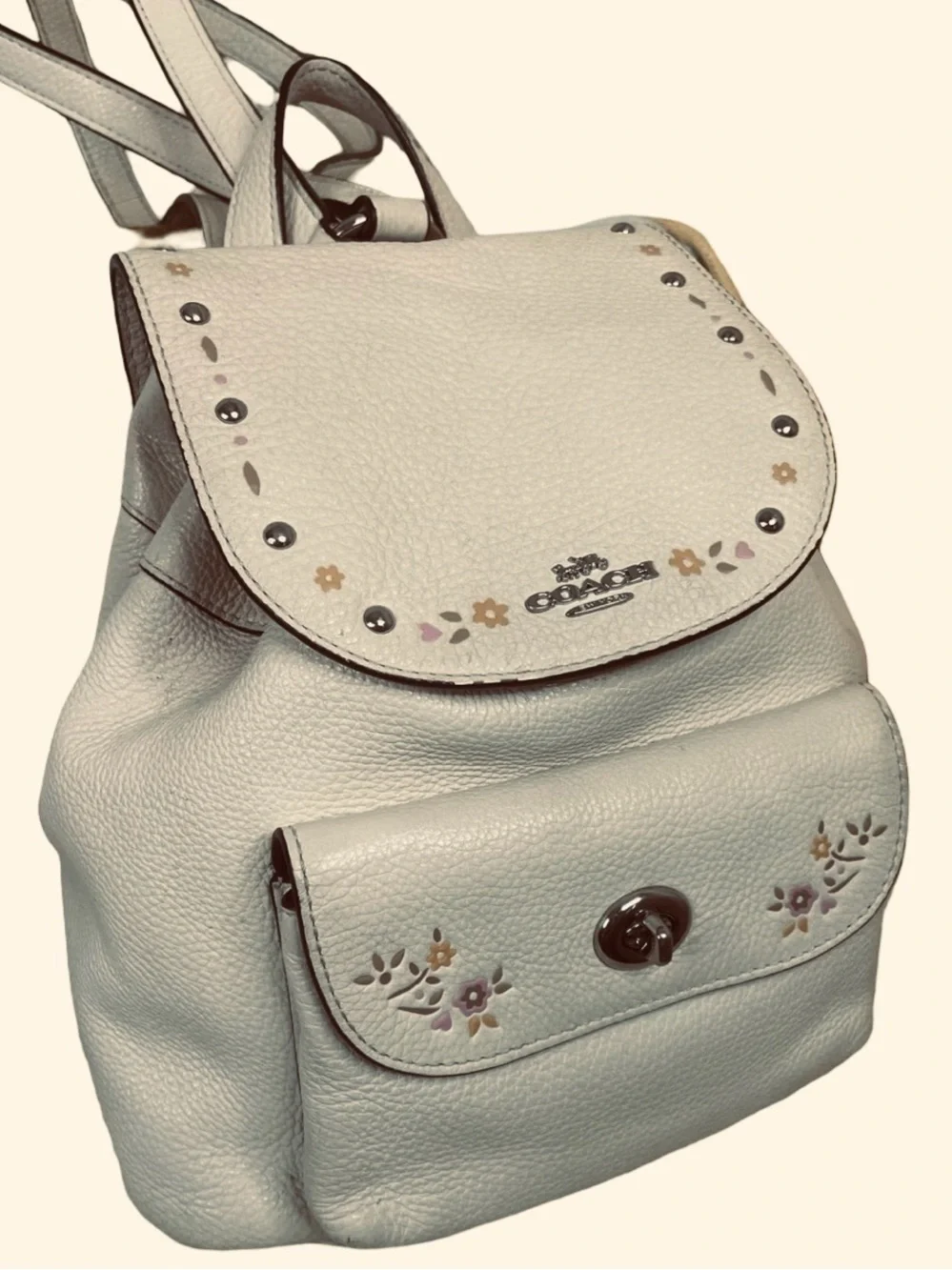 COACH Mini Billie Leather Floral Print Backpack, Chalk EUC FIRM SUPER CLEAN